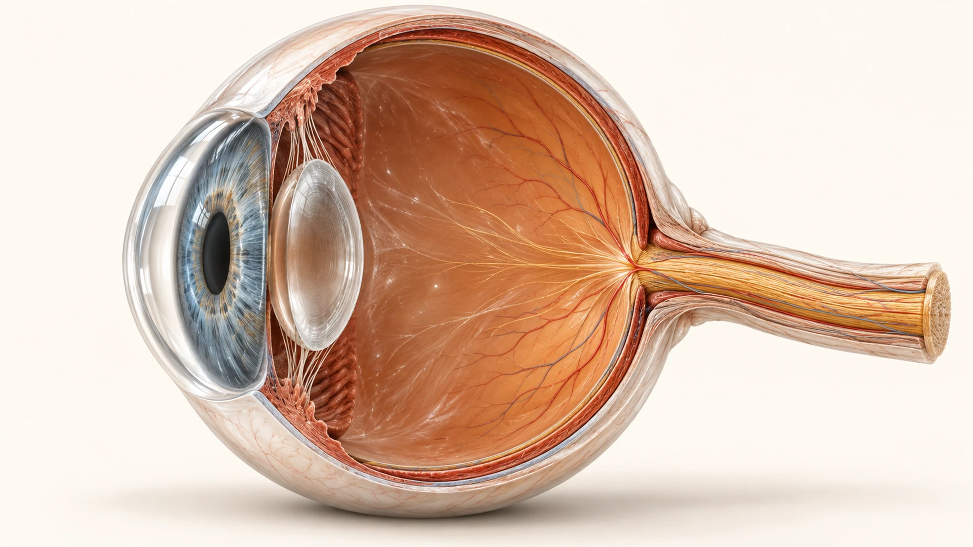 Ilustración en corte del ojo que muestra sus estructuras internas y el nervio óptico saliendo por la parte posterior